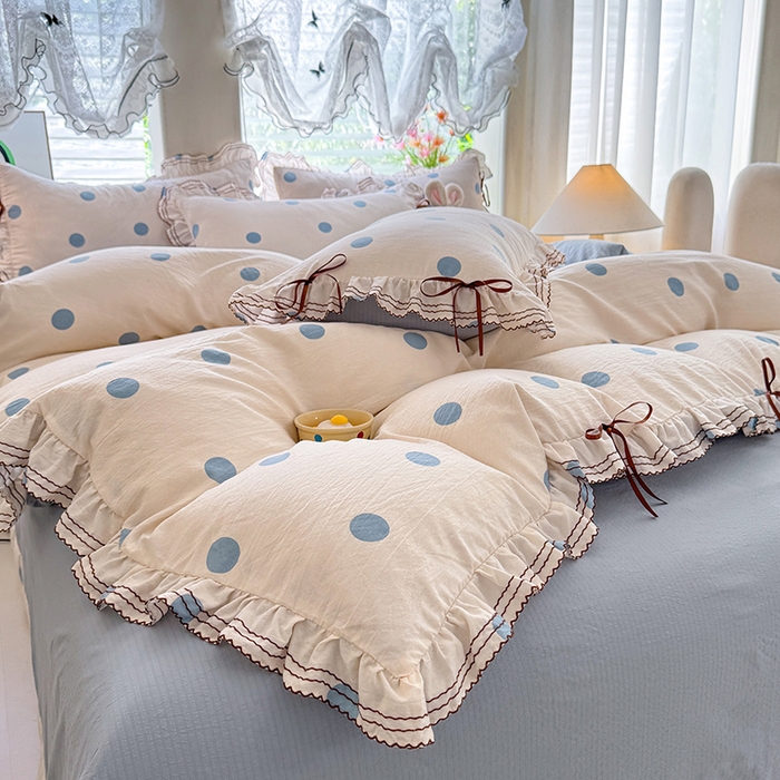 91家纺网 家纺一手货源 找家纺 韩约家纺 2025新款1韩式蝴蝶结加厚床单款棉麻四件套 波波蓝