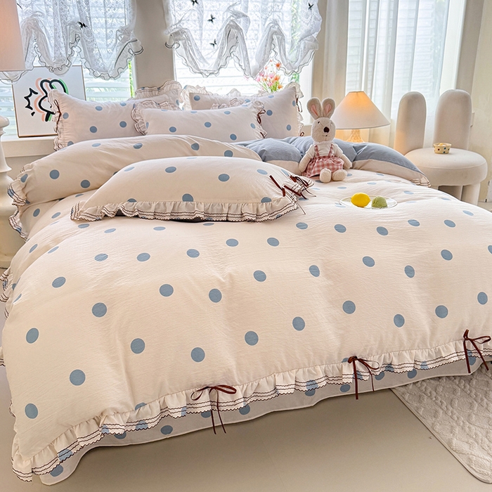 91家纺网 家纺一手货源 找家纺 韩约家纺 2025新款1韩式蝴蝶结加厚床单款棉麻四件套 波波蓝