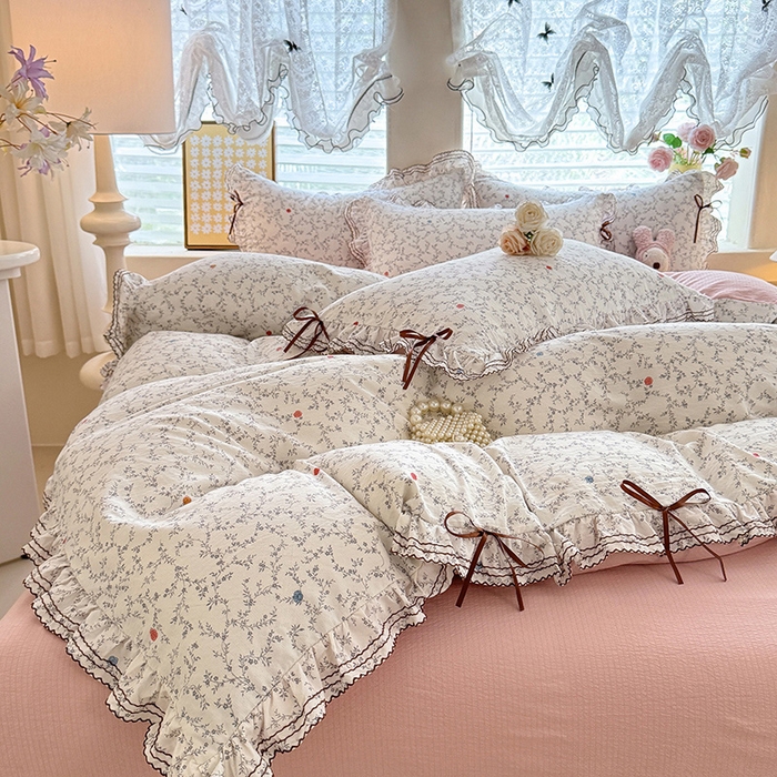 91家纺网 家纺一手货源 找家纺 韩约家纺 2025新款1韩式蝴蝶结加厚床单款棉麻四件套 初颜