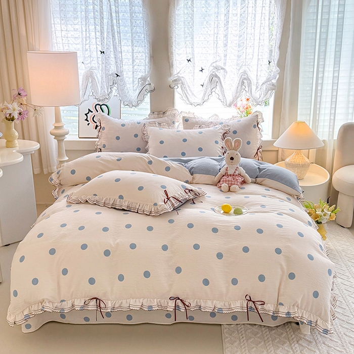 91家纺网 家纺一手货源 找家纺 韩约家纺 2025新款1韩式蝴蝶结加厚床单款棉麻四件套 波波蓝