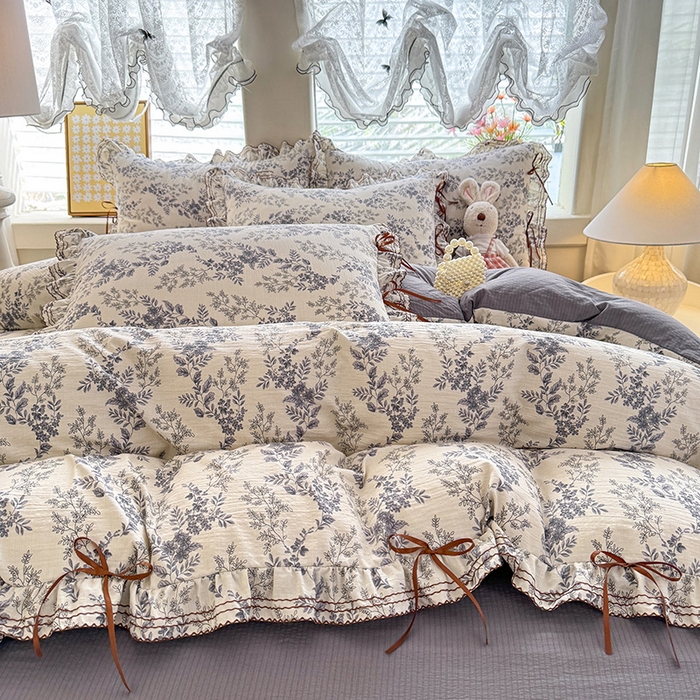 91家纺网 家纺一手货源 找家纺 韩约家纺 2025新款1韩式蝴蝶结加厚床单款棉麻四件套 兰陵花