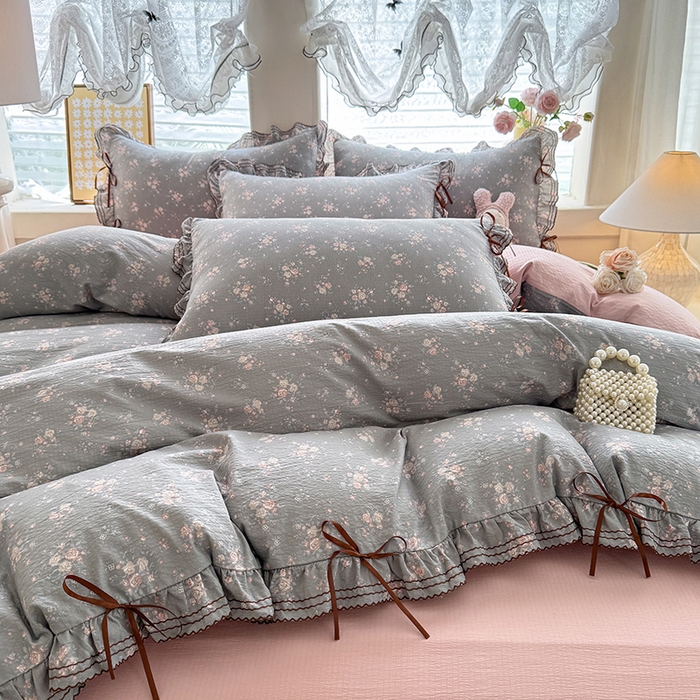 91家纺网 家纺一手货源 找家纺 韩约家纺 2025新款1韩式蝴蝶结加厚床单款棉麻四件套 伊洛