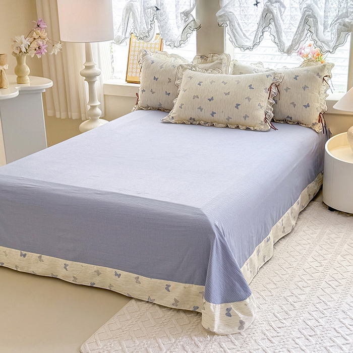 91家纺网 家纺一手货源 找家纺 韩约家纺 2025新款1韩式蝴蝶结加厚床单款棉麻四件套 美蝶