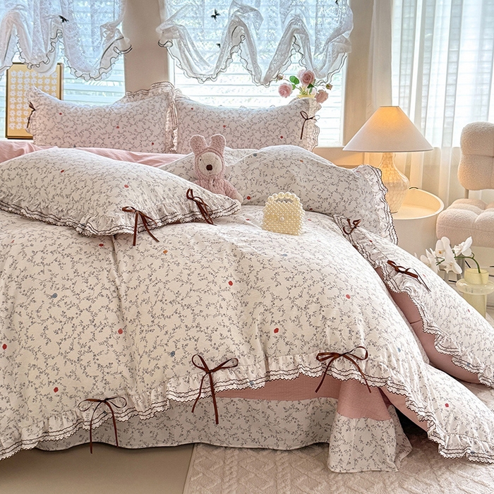 91家纺网 家纺一手货源 找家纺 韩约家纺 2025新款1韩式蝴蝶结加厚床单款棉麻四件套 初颜