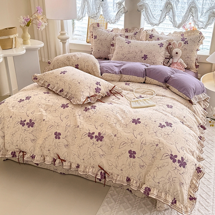 91家纺网 家纺一手货源 找家纺 韩约家纺 2025新款1韩式蝴蝶结加厚床单款棉麻四件套 情缘