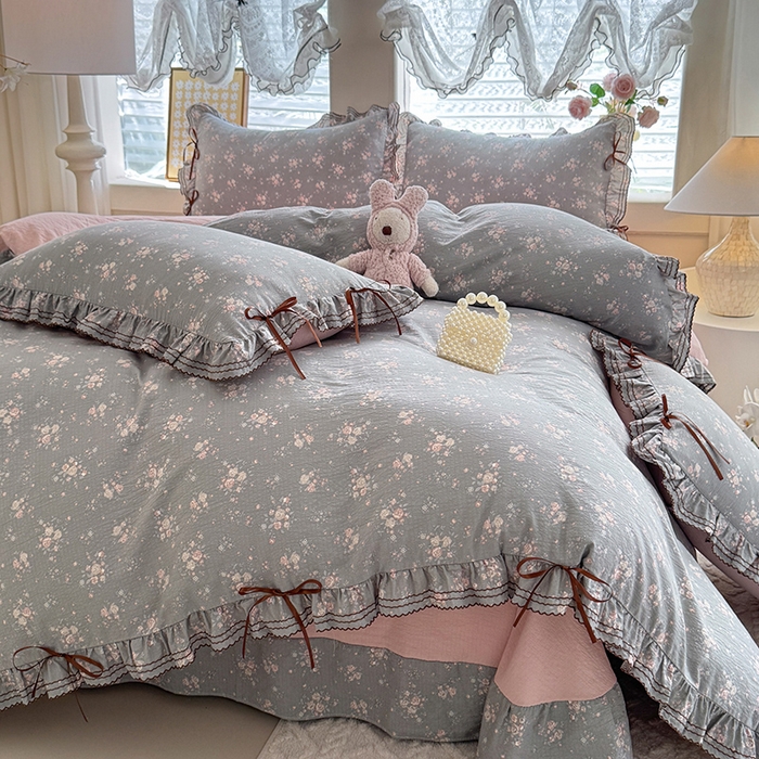 91家纺网 家纺一手货源 找家纺 韩约家纺 2025新款1韩式蝴蝶结加厚床单款棉麻四件套 伊洛