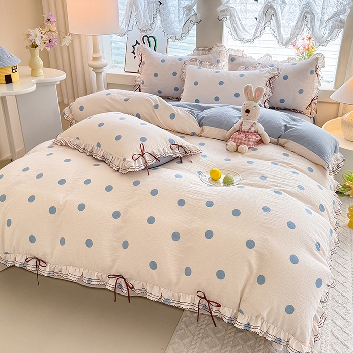 91家纺网 家纺一手货源 找家纺 韩约家纺 2025新款1韩式蝴蝶结加厚床单款棉麻四件套 波波蓝