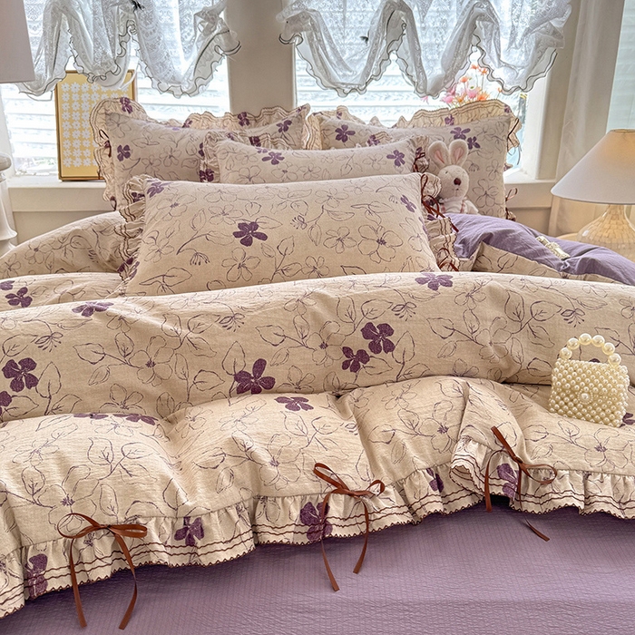 91家纺网 家纺一手货源 找家纺 韩约家纺 2025新款1韩式蝴蝶结加厚床单款棉麻四件套 情缘