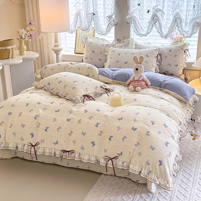 91家纺网 家纺一手货源 找家纺 韩约家纺 2025新款1韩式蝴蝶结加厚床单款棉麻四件套 美蝶