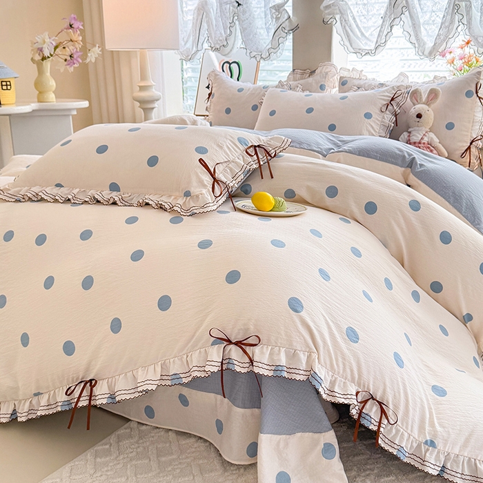 91家纺网 家纺一手货源 找家纺 韩约家纺 2025新款1韩式蝴蝶结加厚床单款棉麻四件套 波波蓝