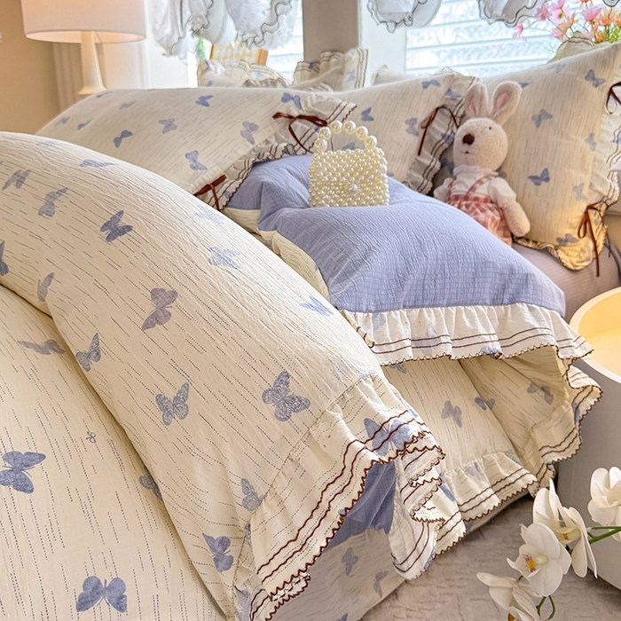 91家纺网 家纺一手货源 找家纺 韩约家纺 2025新款1韩式蝴蝶结加厚床单款棉麻四件套 美蝶