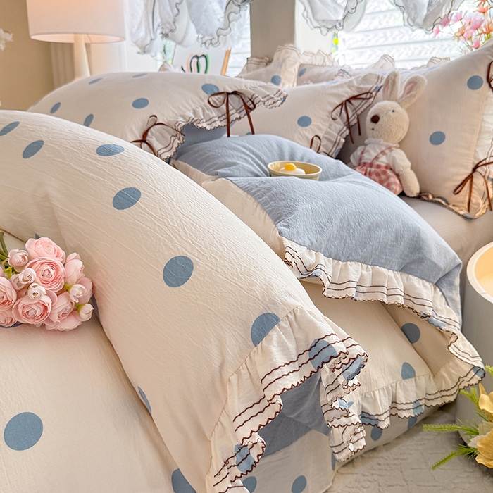 91家纺网 家纺一手货源 找家纺 韩约家纺 2025新款1韩式蝴蝶结加厚床单款棉麻四件套 波波蓝