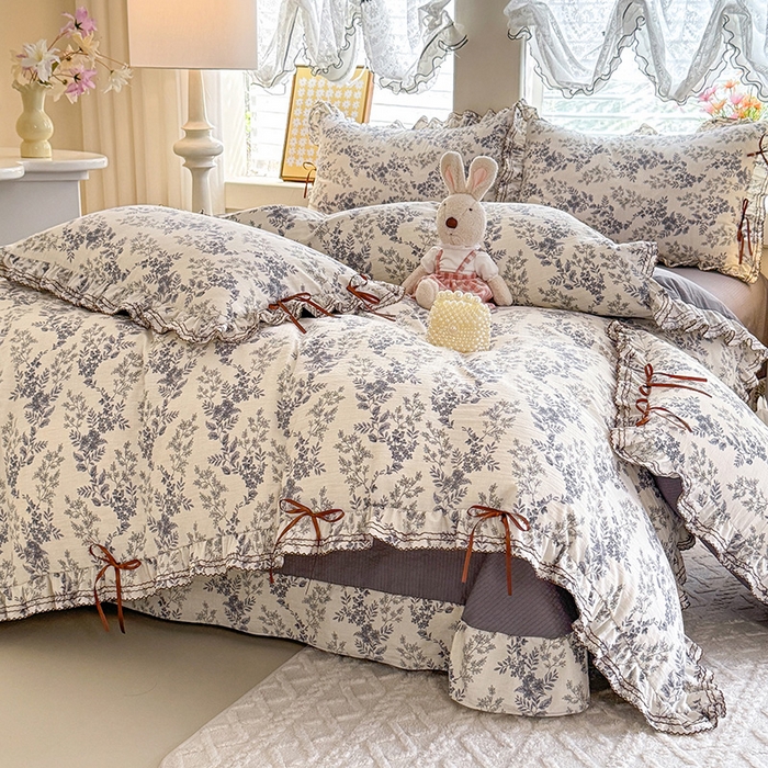 91家纺网 家纺一手货源 找家纺 韩约家纺 2025新款1韩式蝴蝶结加厚床单款棉麻四件套 兰陵花