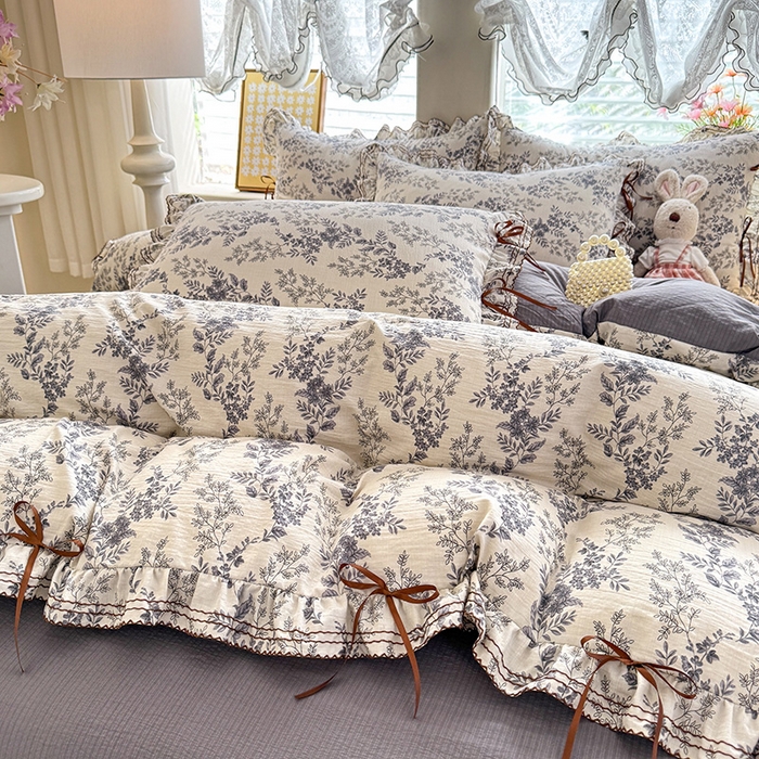 91家纺网 家纺一手货源 找家纺 韩约家纺 2025新款1韩式蝴蝶结加厚床单款棉麻四件套 兰陵花