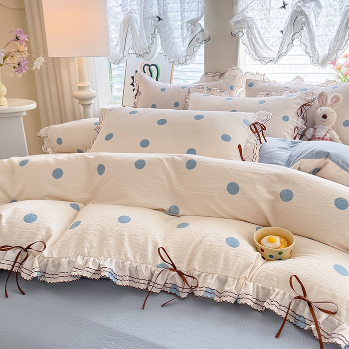 91家纺网 家纺一手货源 找家纺 韩约家纺 2025新款1韩式蝴蝶结加厚床单款棉麻四件套 波波蓝