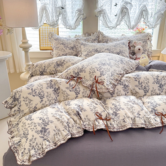 91家纺网 家纺一手货源 找家纺 韩约家纺 2025新款1韩式蝴蝶结加厚床单款棉麻四件套 兰陵花