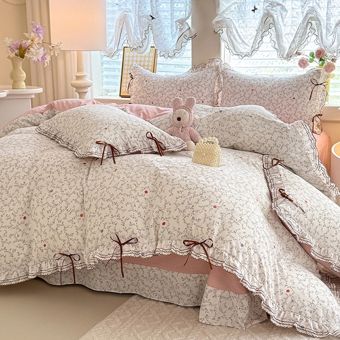 91家纺网 家纺一手货源 找家纺 韩约家纺 2025新款1韩式蝴蝶结加厚床单款棉麻四件套 初颜