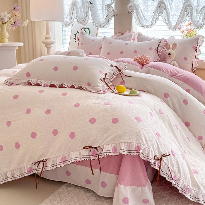 91家纺网 家纺一手货源 找家纺 韩约家纺 2025新款1韩式蝴蝶结加厚床单款棉麻四件套 波波粉