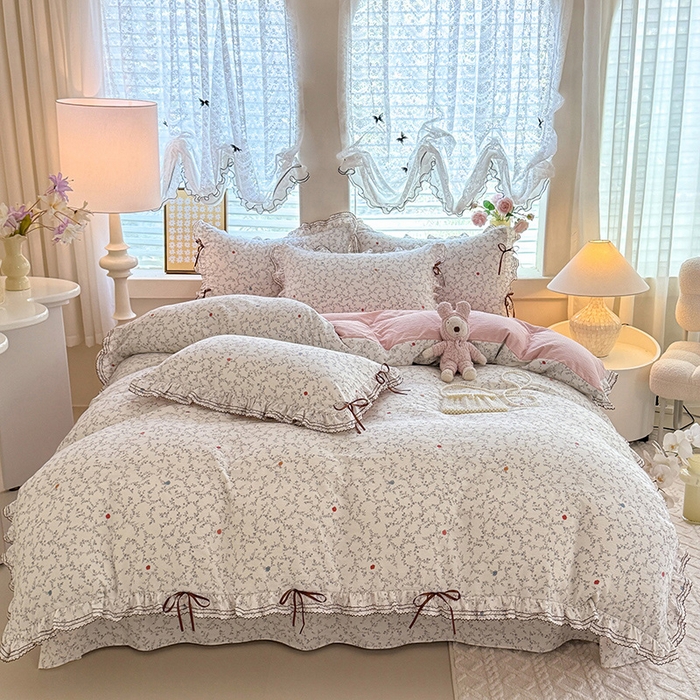 91家纺网 家纺一手货源 找家纺 韩约家纺 2025新款1韩式蝴蝶结加厚床单款棉麻四件套 初颜