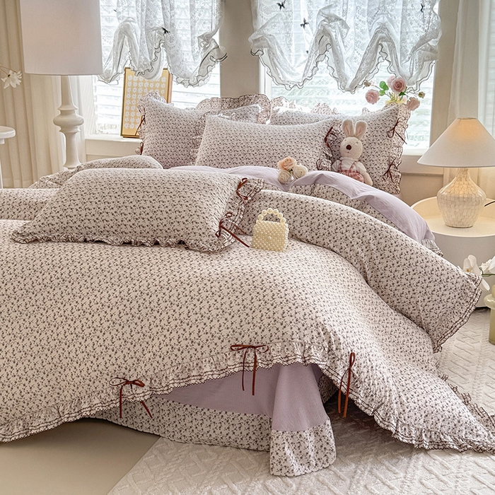 韩约家纺 2025新款1韩式蝴蝶结加厚床单款棉麻四件套 诗雨