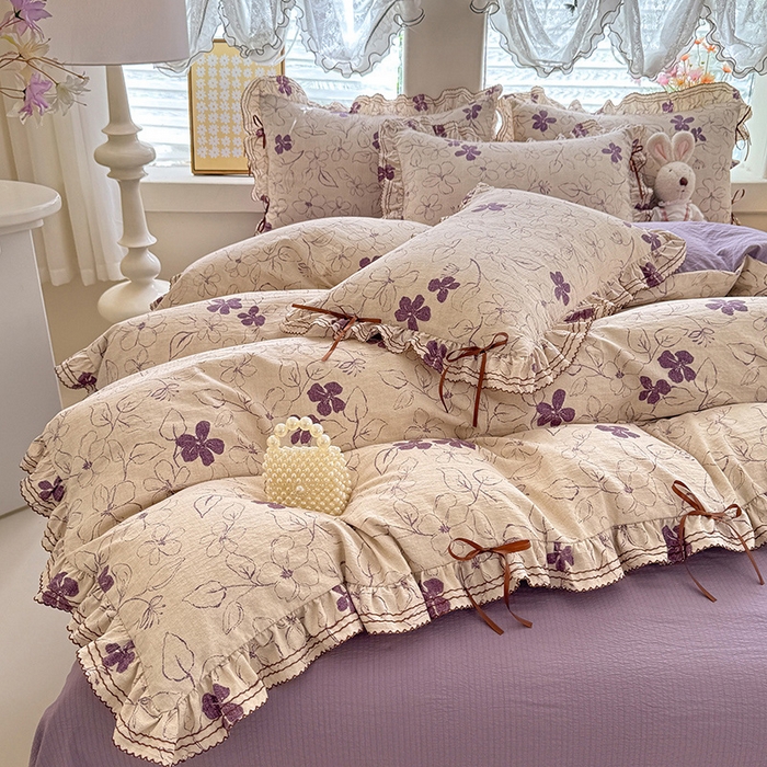 91家纺网 家纺一手货源 找家纺 韩约家纺 2025新款1韩式蝴蝶结加厚床单款棉麻四件套 情缘