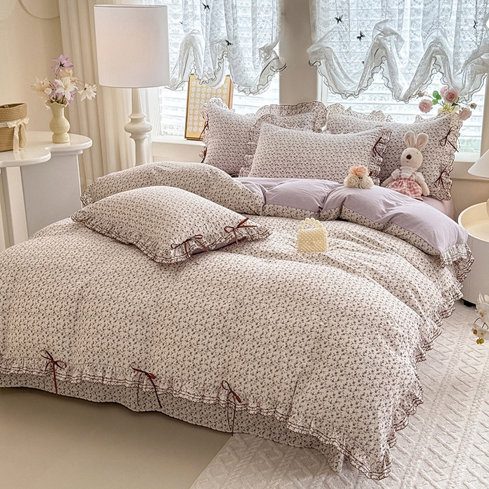 91家纺网 家纺一手货源 找家纺 韩约家纺 2025新款1韩式蝴蝶结加厚床单款棉麻四件套 诗雨