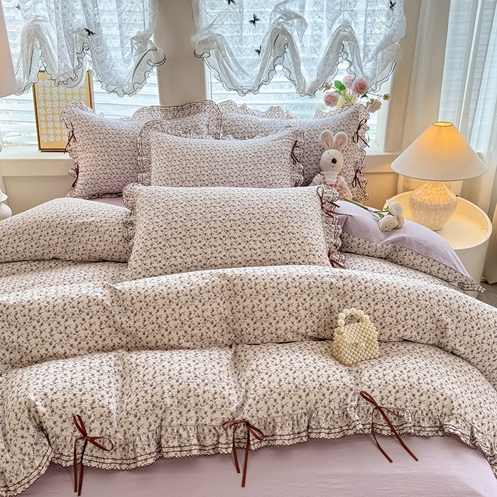 91家纺网 家纺一手货源 找家纺 韩约家纺 2025新款1韩式蝴蝶结加厚床单款棉麻四件套 诗雨