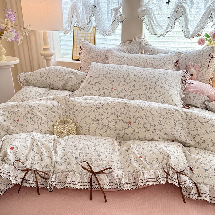 91家纺网 家纺一手货源 找家纺 韩约家纺 2025新款1韩式蝴蝶结加厚床单款棉麻四件套 初颜