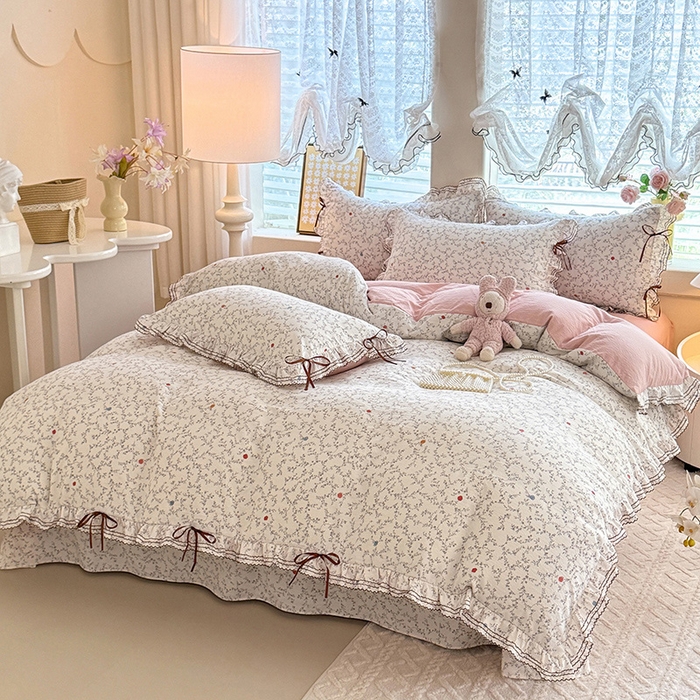 91家纺网 家纺一手货源 找家纺 韩约家纺 2025新款1韩式蝴蝶结加厚床单款棉麻四件套 初颜