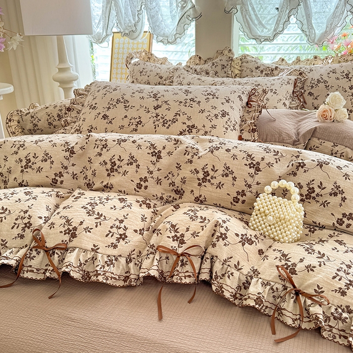 91家纺网 家纺一手货源 找家纺 韩约家纺 2025新款1韩式蝴蝶结加厚床单款棉麻四件套 雅致