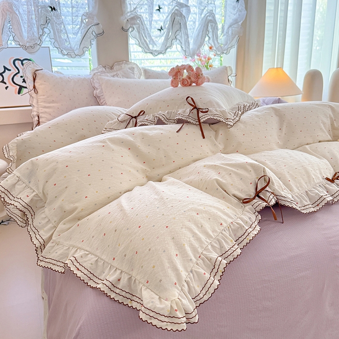 91家纺网 家纺一手货源 找家纺 韩约家纺 2025新款1韩式蝴蝶结加厚床单款棉麻四件套 砰然心动