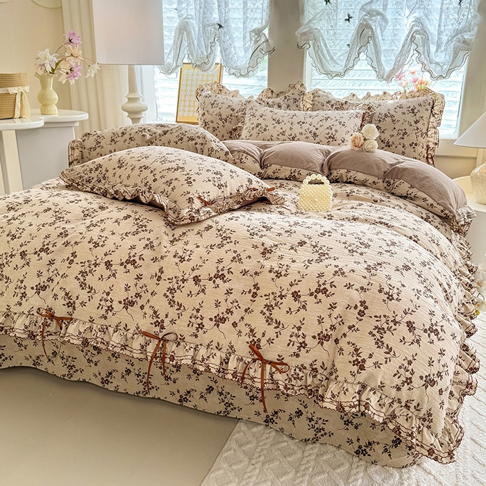 91家纺网 家纺一手货源 找家纺 韩约家纺 2025新款1韩式蝴蝶结加厚床单款棉麻四件套 雅致