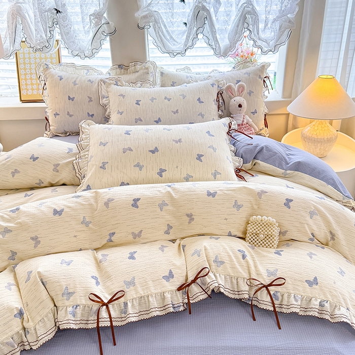 91家纺网 家纺一手货源 找家纺 韩约家纺 2025新款1韩式蝴蝶结加厚床单款棉麻四件套 美蝶