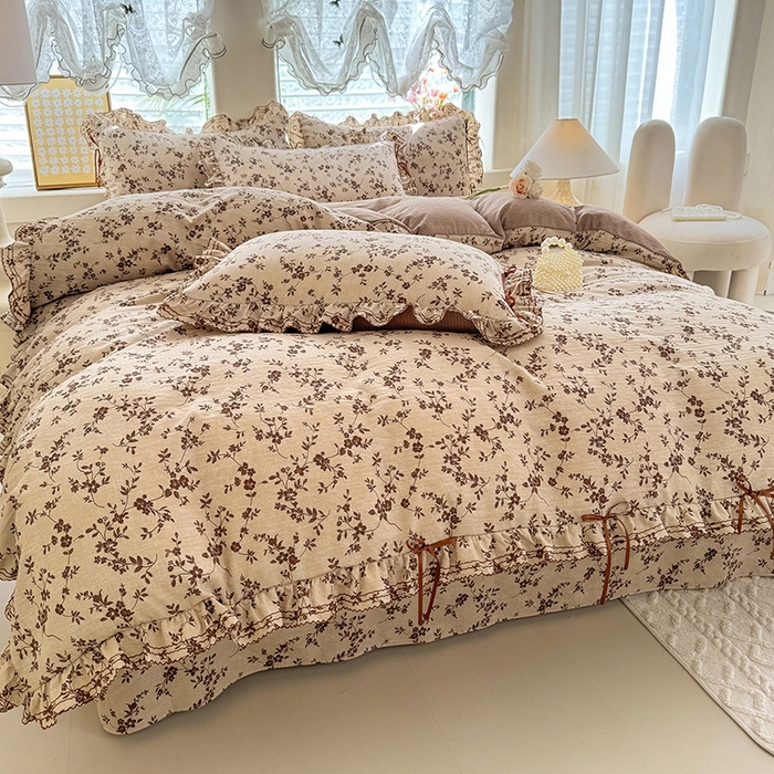 91家纺网 家纺一手货源 找家纺 韩约家纺 2025新款1韩式蝴蝶结加厚床单款棉麻四件套 雅致