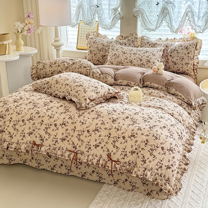 91家纺网 家纺一手货源 找家纺 韩约家纺 2025新款1韩式蝴蝶结加厚床单款棉麻四件套 雅致