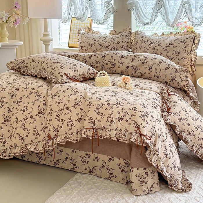 91家纺网 家纺一手货源 找家纺 韩约家纺 2025新款1韩式蝴蝶结加厚床单款棉麻四件套 雅致