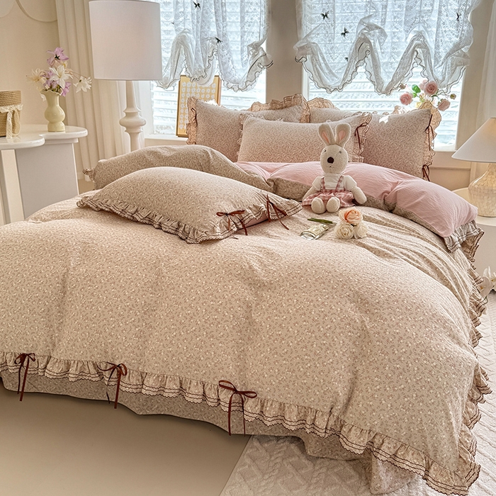 91家纺网 家纺一手货源 找家纺 韩约家纺 2025新款1韩式蝴蝶结加厚床单款棉麻四件套 心动