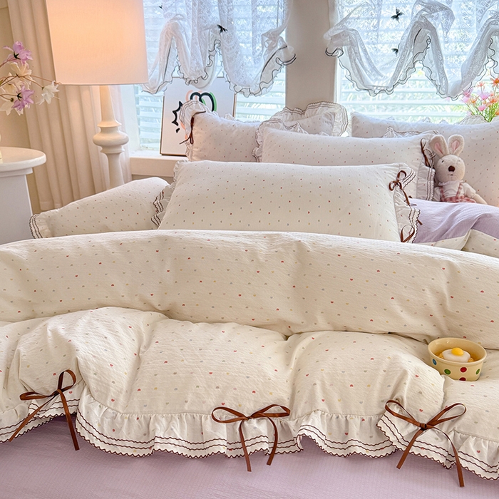 91家纺网 家纺一手货源 找家纺 韩约家纺 2025新款1韩式蝴蝶结加厚床单款棉麻四件套 砰然心动