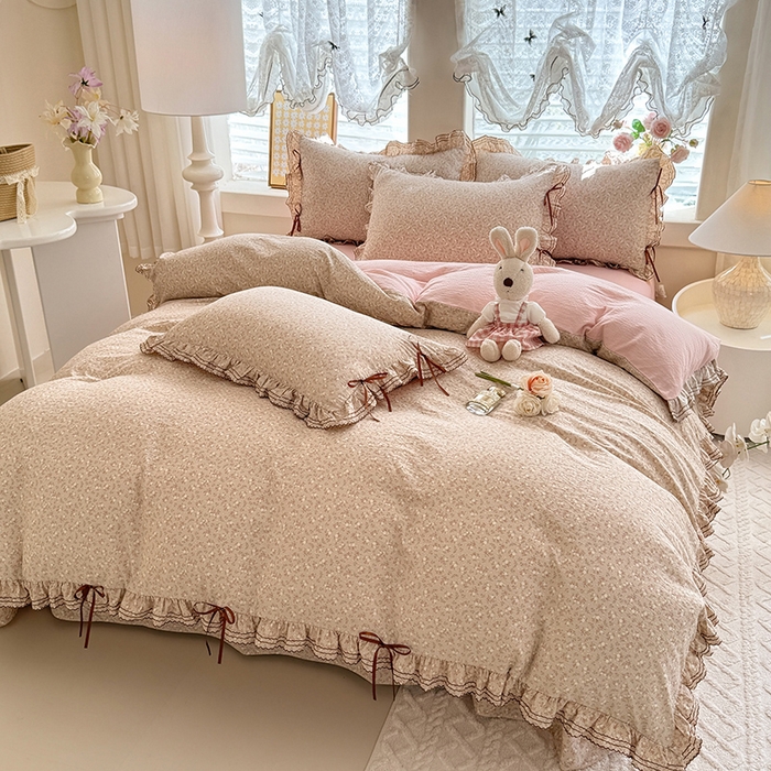 91家纺网 家纺一手货源 找家纺 韩约家纺 2025新款1韩式蝴蝶结加厚床单款棉麻四件套 心动