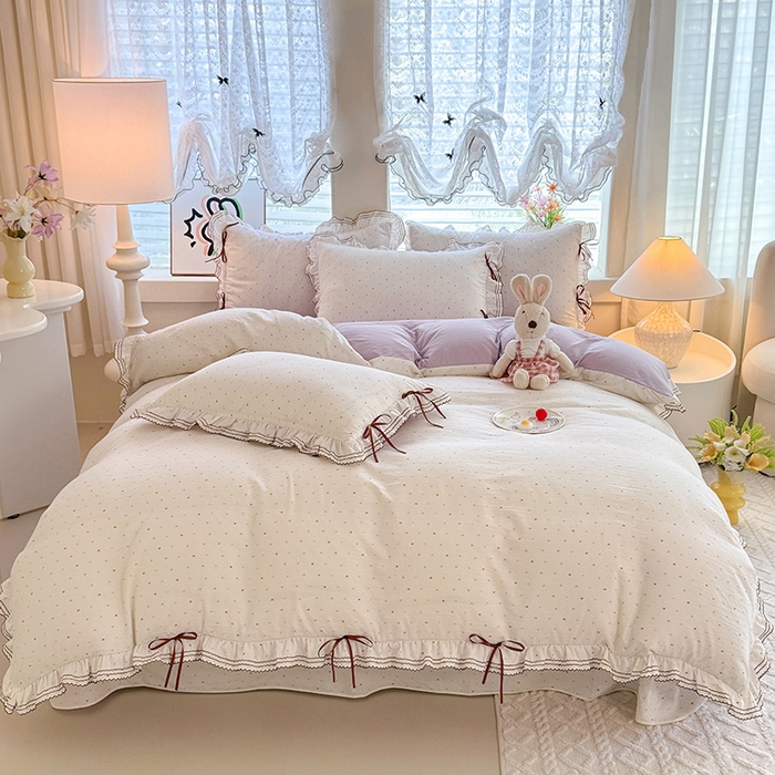 91家纺网 家纺一手货源 找家纺 韩约家纺 2025新款1韩式蝴蝶结加厚床单款棉麻四件套 砰然心动