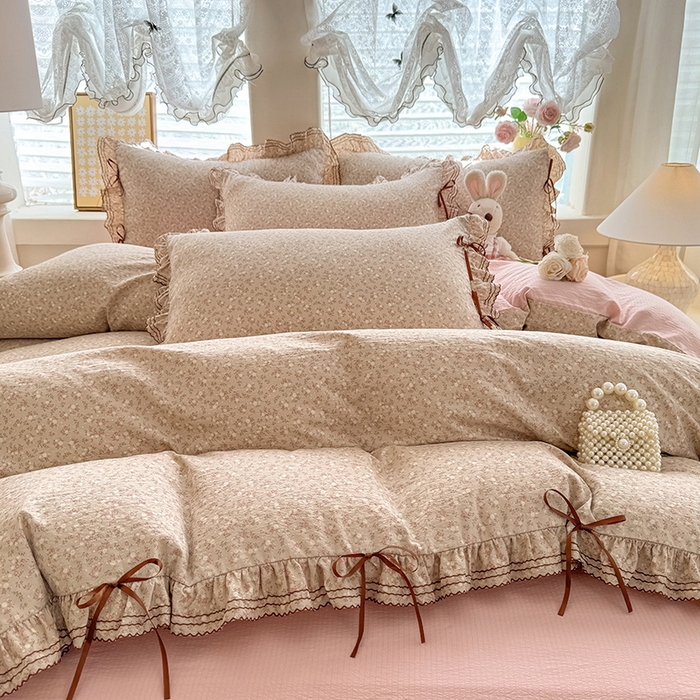 91家纺网 家纺一手货源 找家纺 韩约家纺 2025新款1韩式蝴蝶结加厚床单款棉麻四件套 心动