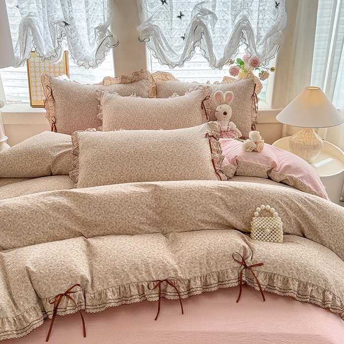 91家纺网 家纺一手货源 找家纺 韩约家纺 2025新款1韩式蝴蝶结加厚床单款棉麻四件套 心动