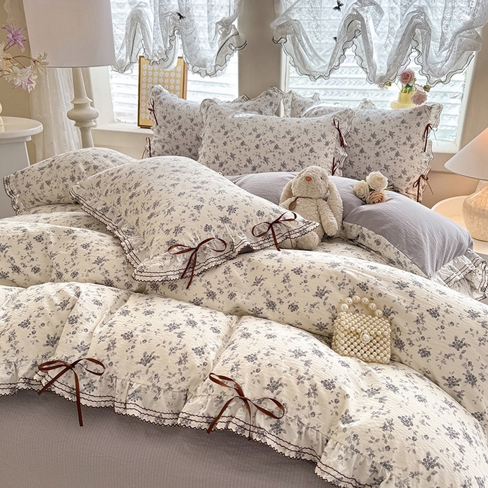 91家纺网 家纺一手货源 找家纺 韩约家纺 2025新款1韩式蝴蝶结加厚床单款棉麻四件套 花语