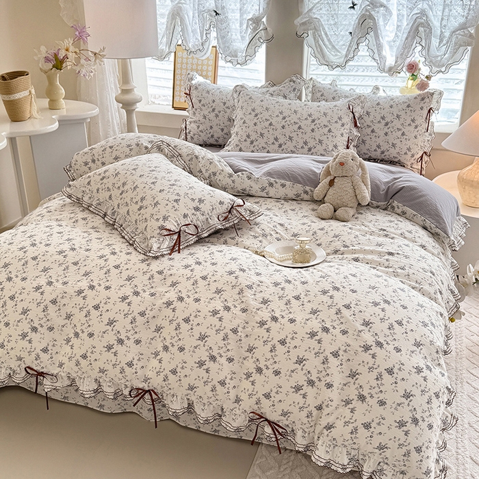 91家纺网 家纺一手货源 找家纺 韩约家纺 2025新款1韩式蝴蝶结加厚床单款棉麻四件套 花语