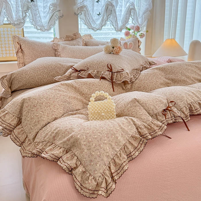 91家纺网 家纺一手货源 找家纺 韩约家纺 2025新款1韩式蝴蝶结加厚床单款棉麻四件套 心动