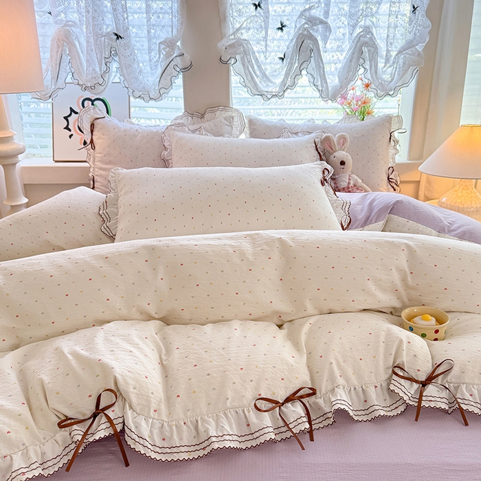 91家纺网 家纺一手货源 找家纺 韩约家纺 2025新款1韩式蝴蝶结加厚床单款棉麻四件套 砰然心动