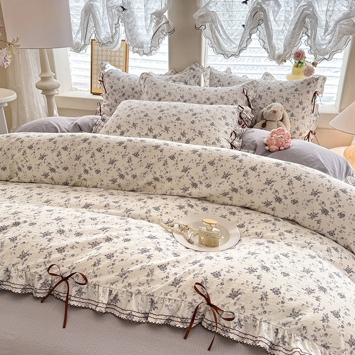 91家纺网 家纺一手货源 找家纺 韩约家纺 2025新款1韩式蝴蝶结加厚床单款棉麻四件套 花语