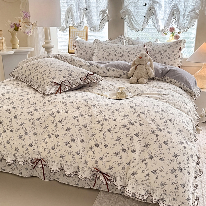 91家纺网 家纺一手货源 找家纺 韩约家纺 2025新款1韩式蝴蝶结加厚床单款棉麻四件套 花语