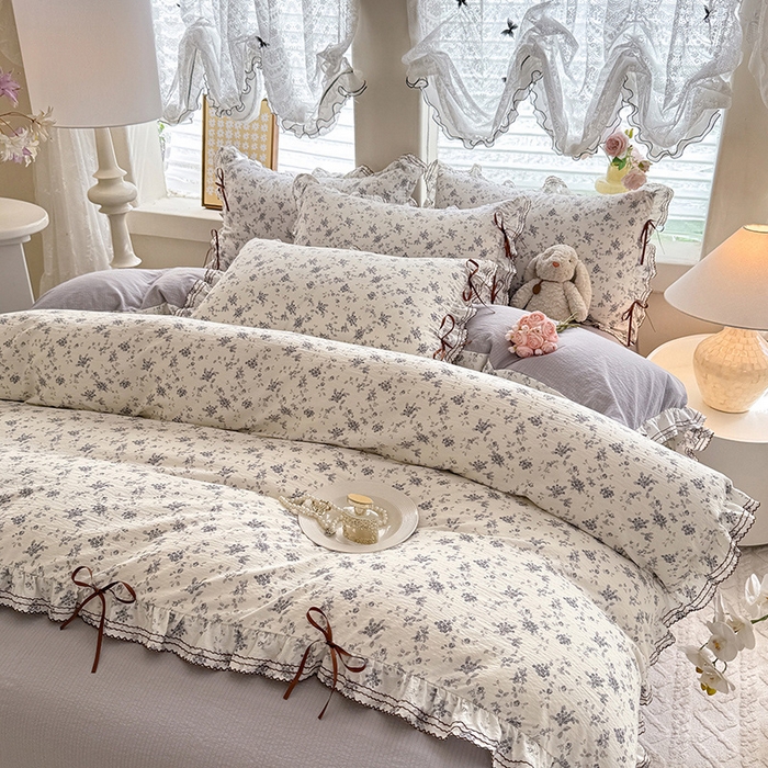 91家纺网 家纺一手货源 找家纺 韩约家纺 2025新款1韩式蝴蝶结加厚床单款棉麻四件套 花语