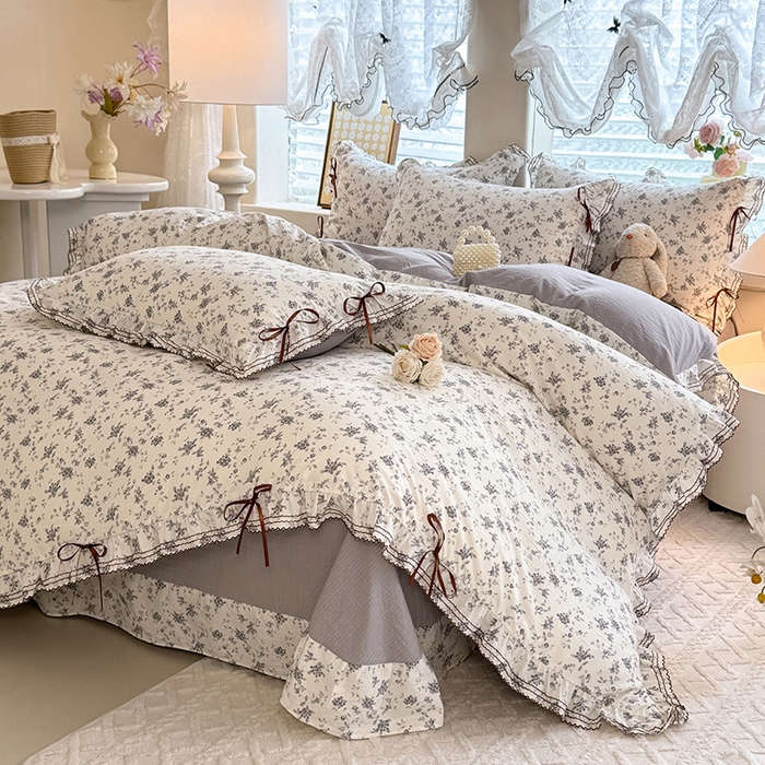 91家纺网 家纺一手货源 找家纺 韩约家纺 2025新款1韩式蝴蝶结加厚床单款棉麻四件套 花语